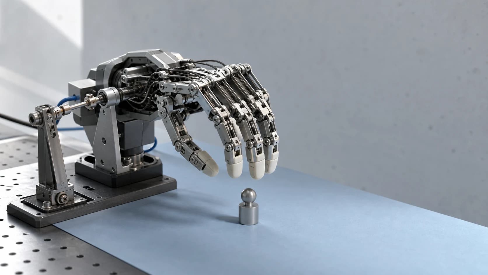 A dexterous robotic hand being calibrated on a laboratory workbench